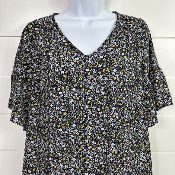 LOFT Floral Print Short Sleeved V-Neck Blouse Shirt Navy Blue sz S - Picture 2 of 6